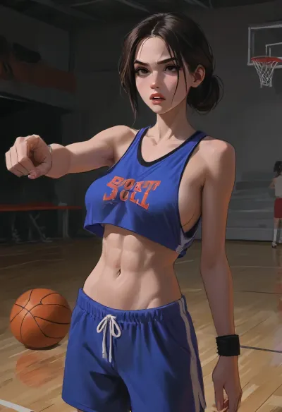Sexy girl basketball player, on basketball court, angry, snarling, (hyper detailed), dribbling up court, pointing forward, side boob, jersey tied up in knot to show her belly, toned abs, large saggy breasts, no bra, (SamDoesArts:.9), drawing, (J_cartoon:1.3), (incase:.5), <lora:SDXLSamDoesArts:.5>, <lora:mk_Bp Anime_xl:.2>, <lora:EnvyAnimeDigitalPaintingXL01:.1>, <lora:ratatatat74-000050:.1>, <lora:J_cartoon:.1>