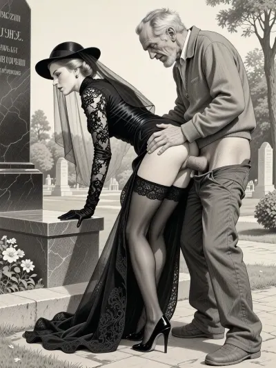 This is is a detailed monochromatic pencil drawing in a classical illustrative style depicts a scene set in Russian, in 1950s, full portrait of a beautiful widow, She's bent over low in a cemetery park monument near the cemetery monument, show her ass, she is wearing a long sleeved intricate lace black widow gown, widow hat, black transparent veil, stockings, side view, upskirt shot, looking away, middle distance, ptheels, high, heels, standing nearby is a sleazy old homeless man 90yo with his pants unbuttoned, he roughly fucks her hard, He holds her hips tightly with his hands, The overall mood is intense, rendered in fine, expressive line work and subtle shading, evoking the style of 1950s satirical or moralistic illustrations.