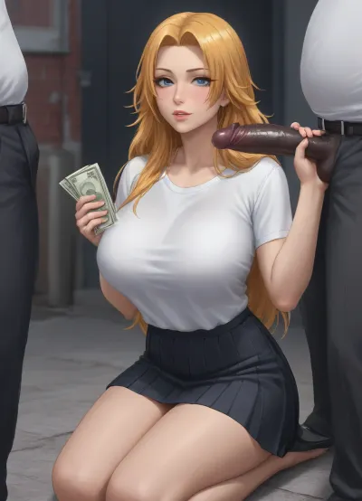 simple cartoon porn, bold black outlines, vibrant flat colors, without shading, clean lines, clean flat coloring, no complex details, no gradients, no shine, Rangiku Matsumoto from Bleach, sexy body, huge breasts, 23 years old, adult, on the alleyway, near the wall, sexy school shirt, sexy school skirt, she is kneeling, handjob, 1girl, 1man, very fat old black man, two characters in frame, (very fat old black man in clothes), girl holding money in hand, girl horny face expression, blushed, man standing to close, big black penis on her face, black penis rubbing her face, beautiful, masterpiece, ultra high quality