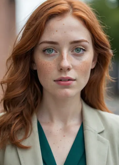 (full body portrait:1.5), (adult woman, 24-25 years old:1.35), (use the reference image to preserve her exact facial identity:1.5), standing naturally, head-to-toe framing, feet fully visible, tall woman, approximately 174 cm, slender athletic feminine body, soft natural curves, realistic body proportions, (long intense natural copper-red hair:1.45), rich auburn red hair, not orange, hair reaching mid-back, loose soft wavy hair, realistic hair texture, (large expressive green eyes:1.35), fair skin, (subtle natural freckles across nose and cheeks:1.5), harmonious facial features, defined cheekbones, medium natural lips, (small beauty mark beside the lip:1.3), well-groomed elegant hands, nude manicure, relaxed confident pose, gentle natural smile, looking directly at the camera, wearing a fitted elegant black midi dress, cream lightweight blazer, dark brown leather ankle boots, minimal delicate necklace, refined contemporary fashion, outdoor urban setting, softly blurred neutral background, soft natural daylight, flattering light, realistic skin texture, editorial fashion photography, photorealistic, highly detailed, sharp focus on subject, vertical composition, full-length fashion photo