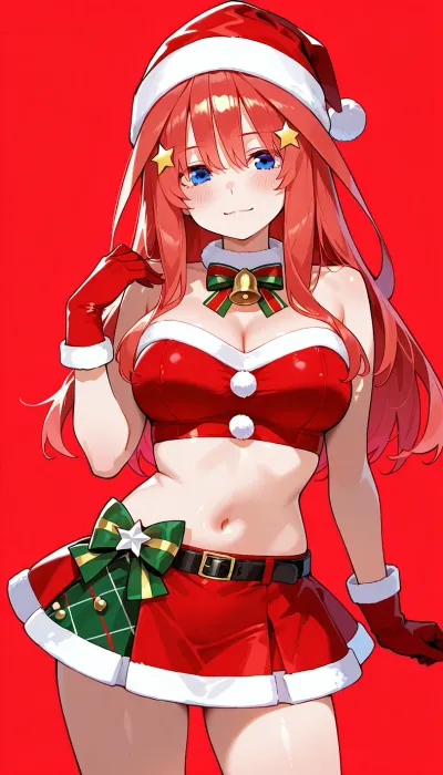 cute, Itsuki Nakano, posing, christmas hat, christmas skirt, gloves, colour background, christmas collar, christmas ribbons, front view, transparent, underwear