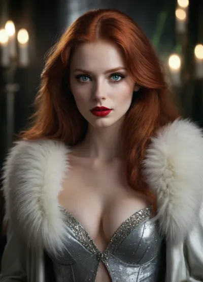 A beautiful woman with long redhead hair, green eyes, red lipstick and pale skin stands next to a white li.on with silver fur, very deep cleavage. Silver glitter adorns her face, in the style of fantasy art. The scene is captured with cinematic lighting and a sharp, high-resolution focus, creating a hyperrealistic, ultra-detailed fantasy image