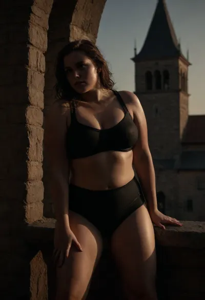 A chubby plus-size sweating and sweaty woman with a full curvy figure, large bust and soft midsection, wearing a black sports bra and shorts. Bent forward with hands on her thighs. Historic stone building with a bell tower and arched windows in the background, red-tiled city rooftops, golden hour lighting. Medieval setting. Photorealistic. intimate style, photorealistic, cinematic, detailxl, <lora:dark:.8>, <lora:FD_XL_ENF:.8>