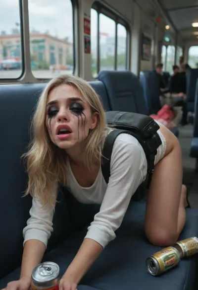 In an almost empty, realistically depicted New York dark subway car, (full deep drunk sleeping on her backpack, solo young Russian cute bimbo blonde girl), (clothed eyes), open mouth, many empty beer cans near, (ruined vulgar makeup:1.3), (18yo), asleep on all fours on a seat, hand behind head, her legs spread, she is wearing a short black leather miniskirt, black high heels, and a tight-fitting white lace crop top, She has been dancing all night, her body is sweaty, her hair is matted, and her clothes are somewhat disheveled, homeless girl, perfect pussy