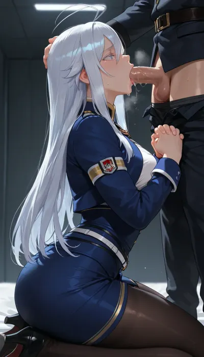 (masterpiece, best quality, highres, photorealistic anime style), Vladilena Millize from 86 EIGHTY-SIX, long silver hair, blue eyes, slender build, kneeling in a sterile military office, wearing her pristine Hegemony uniform, she is giving a formal, dutiful blowjob to a high-ranking officer, her hands are clasped behind her back, her expression is one of disciplined submission, tears welling in her eyes, cold, fluorescent lighting, explicit, nsfw.