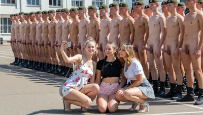 (ultrarealistic photography), (full body view), morning roll call on the parade ground. group of 20 year old german totally nude men with erect penis, (detailed faces), (all men with erect penis), standing exactly in row, pantless, no underpants, (all men wearing army boots and cap), obedience, faint smile, (in the foreground, Three women crouch down a few meters away in front of the soldiers, happy, have fun, one woman is taking a selfie with her mobile phone of the three women, with the soldiers in the background.), (the first woman is a slender blond with hairs in bun, wearing a floral short summer dress and sandals, shoulderbag, earings, necklace), (the second woman is a sporty petit brunette with braided twintails, wearing a light pink hotpants, fitted black crop top and sneakers), (the third woman is a curvy with ginger wavy hair, wearing a checkered pleated mini skirt, with blouse and whith high heels, sunglasses on head), .