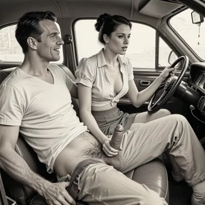 This is a detailed monochromatic pencil drawing in a classical illustrative style depicts a scene set after blowjob in 1950s, (an elegant 40-year-old man in passenger seat receiving handjob by Beautiful sexy jet-black elegant hairstyle woman in driver seat), lustful smile, focused on hairy scrotum, 30yo woman in driver seat is helping man dilf cum, precum, dripping man dilf's cocks, (((woman with hourglass figure, she is wearing in an open blouse and a skirt, (wide hips)))), (the man one hand grops woman's hip), undersides of penis, ((a woman looks at a man's massive penis)), dimly lit, massive penis, sitting in car, receiving handjob, v neck t shirt pulled up, ((pubic hair:1.7)), ((scene after blowjob:1.5)), cum on woman's lips, sweatpants pulled down, masturbation, hairy scrotum. The overall mood is intense, rendered in fine, expressive line work and subtle shading, evoking the style of 1950s satirical or moralistic illustrations.