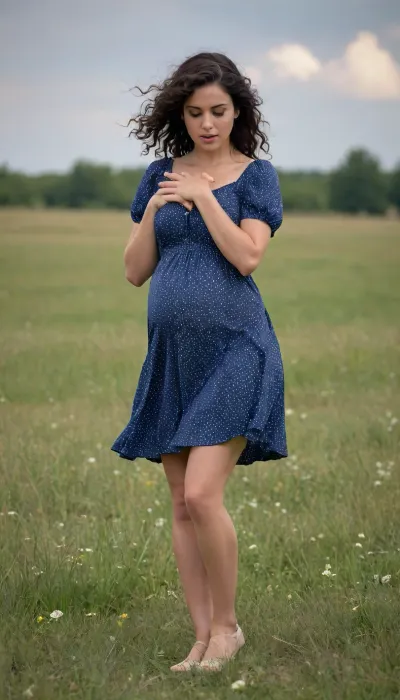 A beautiful young pregnant violin-figure dark-curly-hair woman with a round butt and big tits in a short dark blue summer dress with white dots stands in a meadow, the wind lifts her skirt and reveals her naked hairy pussy, front view, full body view