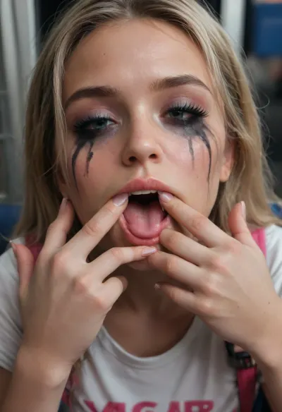 In an almost empty, realistically depicted New York dark subway car, (full deep drunk sleeping on her backpack, young Russian cute bimbo blonde girl), (clothed eyes), half-open mouth, small tongue out, (close-up), (both hands fingers wide spreading mouth:1.4), (ruined vulgar makeup:1.3), (18yo), asleep on all fours on a seat, hand behind head, her legs spread, she is wearing a short black leather miniskirt, black high heels, and a tight-fitting white lace crop top, She has been dancing all night, her body is sweaty, her hair is matted, and her clothes are somewhat disheveled, homeless girl, perfect pussy