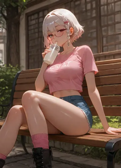 beautiful asian girl, adult, sitting on bench, outdoor, drinking milk-tea, transparent-black beautiful glasses, white short hair with braids, Tucked-in French braids haircut, big hair clip, claw-hair-clip, medium breasts, perfect body, skinny legs, perfect small ass, retro Denim Shorts, very bright Light Wash shorts, ripped shorts, short-length shorts, High-rise shorts, boxy crop-top plain-light-pink t-shirt, light-pink t-shirt, relaxed-fit t-shirt, boxy-crop-top t-shirt, black very-long lace-up boots, pink socks