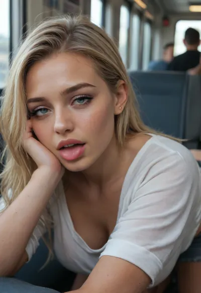 In an almost empty, realistically depicted New York dark subway car, (full deep drunk sleeping on her backpack, young Russian cute bimbo blonde girl), (half-open rolled eyes), half-open mouth, small tongue out, (close-up face), many empty beer cans near, (ruined vulgar makeup:1.3), (18yo), asleep on all fours on a seat, hand behind head, her legs spread, she is wearing a short black leather miniskirt, black high heels, and a tight-fitting white lace crop top, She has been dancing all night, her body is sweaty, her hair is matted, and her clothes are somewhat disheveled, homeless girl, perfect pussy