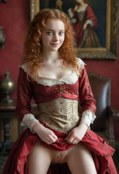 a Renaissance oil painting on canvas in the style of Leonardo da Vinci, the year 1495, perfect sharpness, portrait clearness, full depth of field, a young 18yo woman, sitting comfortably reclined in an big armchair, one leg lifted, heel in the seat of chair, arms around the bent knee, the dress bunched up around the waist, (Dutch irregular face:1), (shortstack:.8), gray eyes, squinting eyes, perfect eyes, no makeup, long curly ginger hair, (dressed in 1490s crimson fashion:1.6), (lifting her skirt:1.7), blushing face, smiling, (shyly showing pussy for the camera:1.8), legs apart, ginger hairy pussy, swollen vulva, looking very shy, no felines in frame, (wearing some clothes:1.5), perfect hands, naked groin, skirt, lift, <lora:Real_People-SDXL:1.6>, <lora:skirtLift:1.9>, <lora:MJ52:1.1>, <lora:detailed_notrigger:1.9>