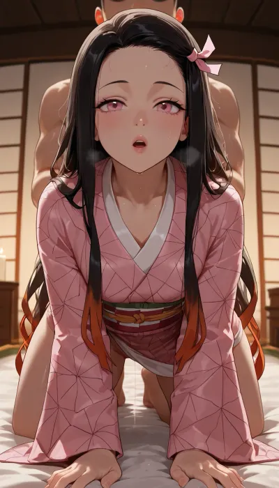 (masterpiece, best quality, highres, photorealistic anime style), Kamado Nezuko from Demon Slayer, long black hair, pink eyes, petite build, on all fours on a futon, wearing a tattered pink kimono, a man is taking her anally from behind, his hands gripping her small hips, her face is pressed into the futon to muffle her sounds, her body trembles with each thrust, a mix of pain and submission in her posture, candlelight, explicit, nsfw.