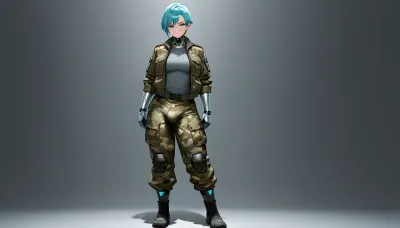 solo, futanari, cyborg, blue short hair, turquoise eyes, light metallic skin, brown camouflage, military uniform, dark grey background, open jacket, full body, dressed, standing, left position in picture, small bulge, tight baggy pants, frontal shadow, grey shirt, looks at the viewer