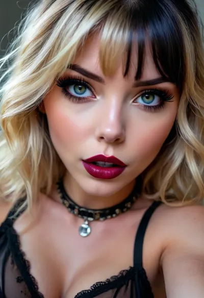 25 years old emo goth influencer, extreme pale white skin, dark makeup, dark maroon gloss lipstick, heavy eyeshadow, thick eyeliner, slave collar choker, view from below. She is leaning in close to seduce you with her cleavage, she wants to fuck, super sexy leaning down to whisper to you to follow her to fuck, cleavage, ((black hair with blonde streaks, bangs)), sensual eyes, close up, (open mouth, excited, orgasm, anticipation), <lora:attractive_notrigger:2>, <lora:BUT_SDXL_SHS:1.5>, <lora:Vivid Midjourney mimic - XL SDXL v2.0:1.9>