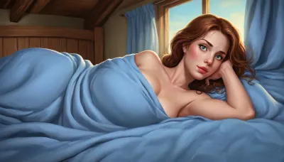 mature 40 year old, ginger/brown hair, small breasts, slightly chubby face and body, inside medieval wooden inn, laying sideways on a small single bed, leaning head on arm, hand behind head, other hand squeezing breast, genitals covered under sky blue bedsheets, light blue cloth on body, wearing sky blue bedsheet wrapped around thighs and breasts, body tangled in bedsheets, perfect eyes, five fingers, artwork, digital painting, concept art, flat colors, loading screen art style, <lora:CuteCombine1:.1>, <lora:LegendDarkFantasy-000001:.3>