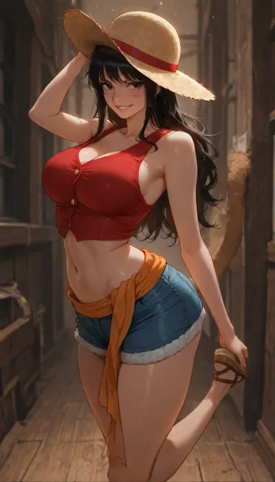 Female genderbend of Monkey D. Luffy from One Piece, beautiful young woman, early 20s, athletic and slender yet curvaceous body, medium breasts, toned midriff, long messy black hair with wild bangs and slight waves falling past her shoulders, iconic scar under her left eye, cheerful and energetic expression with a big confident grin showing teeth, bright determined eyes, wearing a cropped red vest that is open and slightly revealing, blue denim short-shorts, orange sash around her waist, simple sandals, classic straw hat tilted on her head, rubber-like flexible and dynamic pose, standing confidently with one hand on her hat, anime style, highly detailed, sharp focus, vibrant colors, One Piece art style mixed with modern anime aesthetic, dynamic lighting, masterpiece, best quality