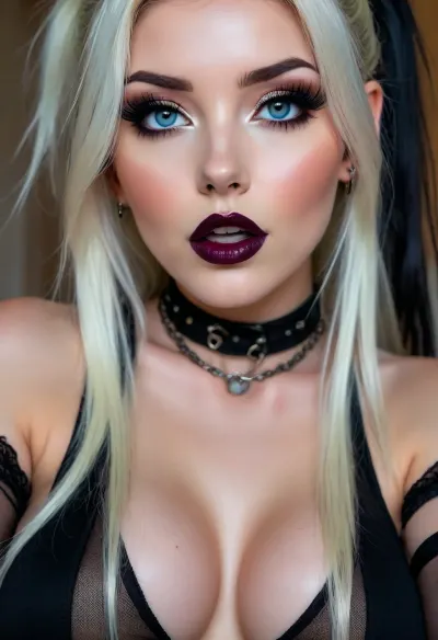 25 years old emo goth influencer, extreme pale white skin, dark makeup, black lipstick, heavy eyeshadow, thick eyeliner, slave collar choker, view from below. She is leaning in close to seduce you with her cleavage, she wants to fuck, super sexy leaning down to whisper to you to follow her to fuck, cleavage, ((long black pony tail)), sensual eyes, close up, (open mouth, excited, orgasm, anticipation), <lora:attractive_notrigger:2>, <lora:BUT_SDXL_SHS:1.5>, <lora:Vivid Midjourney mimic - XL SDXL v2.0:1.9>