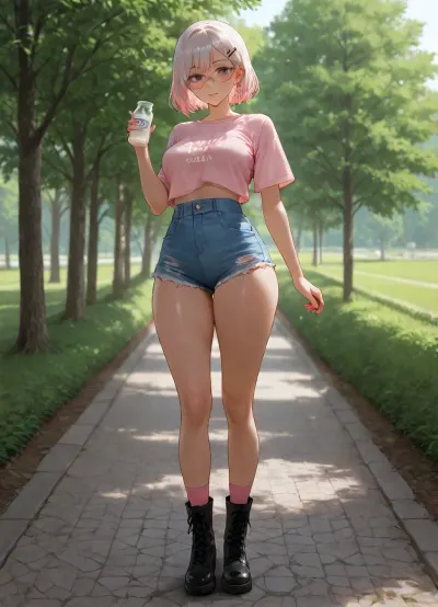 beautiful asian girl, adult, standing, at park, outdoor, front-view, milk-tea in hand, transparent-black beautiful glasses, white short hair with braids, Tucked-in French braids haircut, big hair clip, claw-hair-clip, medium breasts, perfect body, skinny legs, perfect small ass, retro Denim Shorts, very bright Light Wash shorts, ripped shorts, short-length shorts, High-rise shorts, boxy crop-top plain-light-pink t-shirt, light-pink t-shirt, relaxed-fit t-shirt, boxy-crop-top t-shirt, black very-long lace-up boots, pink socks