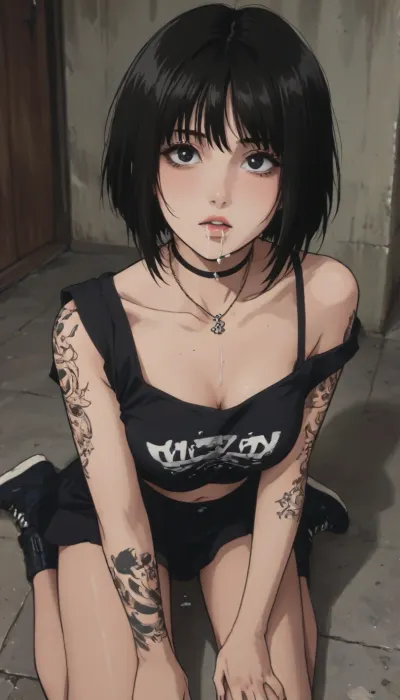 Markgavatino style, (retro anime:1.8), masterpiece, ((creamboyo sensei art style:1.7), (kittew art style:1.3)), sexy emo woman, lots of tattoos, lots of piercings, dark hair, asymmetric bob cut, pale skin, scene outfit, short skirt, emo hair, large lips, cum leaking from mouth, cum dripping from chin, cum stained top, full body view, kneeling beneath you, looking up at you, view from above, <lora:outline_xl_kohaku_delta_spv5x:1.1>, <lora:EnvyBeautyXL02:.4>, <lora:mk_Bp Anime_xl:1>, <lora:NEOTOKIOXL_0.2_RC:2>