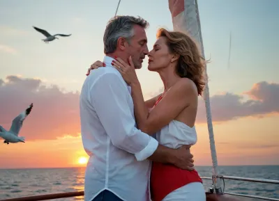 A mature couple stands on a yacht on the open sea, embracing and kissing, blue sky, seagulls, red sunset