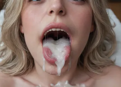 Close up POV, Petite 25 year old mature appearing Russian woman with very small firm breasts and wavy dishwater blonde hair with light blonde highlights, A few freckles, (Open mouth overflowing with cum:1.8), (Mouth filled with cum:1.9), Cum drips from her mouth, cumshot, hyper-realistic, ultra realistic, face is wet, Slightly runny mascara, messy hair, blank expression, (dark brown eyes:1.5), realistic cum, thin runny cum, Very small perky tits, messier hair, hair sticking up, (Large hyper thick hard vein covered Black cock near her face:1.7), tiny tits, extreme cum on tits, extreme cum on hair, (Very small very dark areolas:1.4), realistic Black dick, hyper-realistic Black penis, wet body, oily body, tongue sticking out, (laying flat on her back on a massage table:1.3)