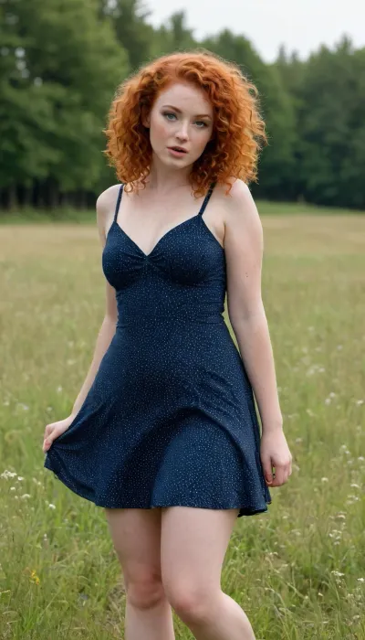A beautiful young full-figured red-curly-hair girl with a round butt and big tits in a short dark blue summer dress with white dots stands in a meadow, the wind lifts her skirt and reveals her naked hairy pussy, front view, full body view