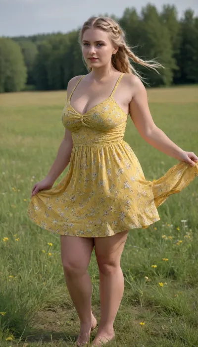 A beautiful young full-figured Ukrainian braided blonde-hair girl with a round butt and big tits in a short yellow summer dress with floral pattern stands in a meadow, the wind lifts her skirt and reveals her naked hairy pussy, front view, full body view
