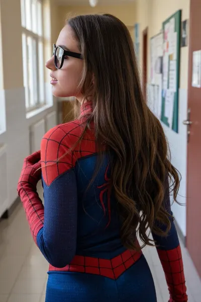 a french brunette girl with long hair, Dressed in a Spider-Girl outfit and wearing black glasses, She is walking down the hallway of her school.back view