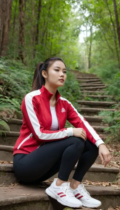 A slender, alluring 20-year-old Chinese woman with a ponytail sits on the steps of a wooded hillside path, facing the camera. She has fair skin and is wearing a rose-red zip-up outdoor jacket—zipped only halfway to reveal a low-cut white round-neck top and her cleavage—along with tight black athletic leggings and white sneakers. She has full, prominent breasts. She is wearing no makeup, has dark eyes, and holds her hands up behind her head.