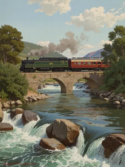 Classic oil painting style, Norman Percevel Rockwell, The train is moving, the river is flowing, the scenery is picturesque