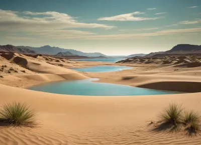 bright yellow sand beach with the dunes which contours outlined by dark brown lines in the foreground flows into the soft shapes of the hills in the background, their contours outlined by dark green lines, aquamarine line of the reservoir separates the plans, laconism and graphicity in the drawing of landscape evoke images from ancient vase painting and enhance the dramatic effect, is enhanced by the light, which gives almost no shadows