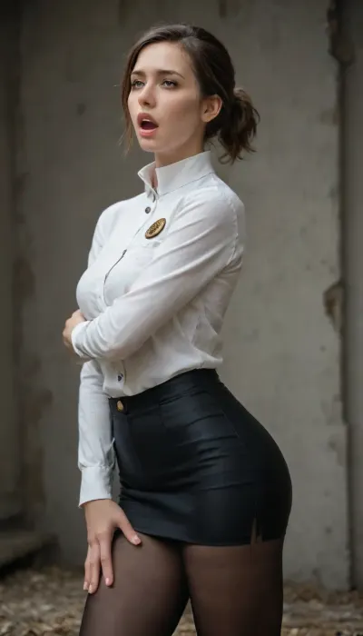 masterpiece, best quality, very aesthetic, absurdres, Connie Ling, zombie apocalypse RP, level 1 of NeroCorp Blacksite, lab, tears, screaming, massive anal orgasm, shaking, convulsing, arm in ass, 1 girl, 1girl, digging, stretching ass, white high collar zipped corporate researcher uniform with long sleeves, ID badge with A1 clearance clipped on her chest, dark short pencil skirt with side slits, black pantyhose, black pumps, reddish brown short ponytail hair with side-swept bangs, brown eyes, voluptuous body, G cup breasts, wide hips, selfish, coward, scaredy, manipulative, opportunistic, depth of field, intense emotion, dramatic lighting, detailed skin texture, sweat, hyperrealism, narrative scene, emotional depth, environmental interaction, desperation, panic, fear, chaos, biological hazard, undead creatures, dark fantasy theme.