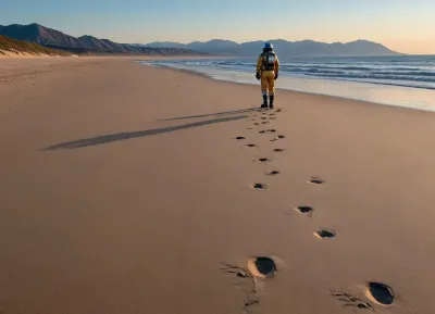 each color is solid and separated from the other by a thin line of a darker shade, bright yellow sand beach with the dunes which contours outlined by dark brown lines in the foreground flows into the soft shapes of the high mountains in the background, their contours outlined by dark grey lines, sky is dark blue, turning into purple in the distance, with red reflections over the mountains, it must be evening, aquamarine of the reservoir complete width of the field of view separates the beach from the mountains on the horizon, lonely small figure of a human in bright silver metal spacesuit with black face shield stands in foreground on the beach, a trail of footprints stretches across the sand from the human to the edge of the image, laconism and graphicity in the drawing of landscape evoke poster in constructivism style and enhance the dramatic effect, is enhanced by the light, which gives almost no shadows, the image is a symbol of loneliness and lostness in space