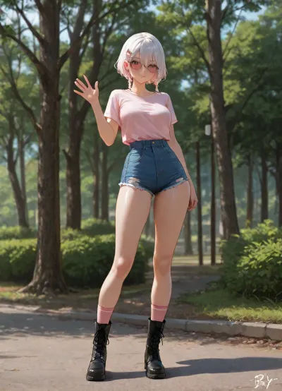 beautiful asian girl, standing, at park, outdoor, white drink in first hand, waving with second hand, waving, transparent-black beautiful glasses, white short hair with braids, Tucked-in French braids haircut, big hair clip, claw-hair-clip, medium breasts, perfect body, skinny legs, skinny, small ass, retro Denim Shorts, very bright Light Wash shorts, ripped shorts, short-length shorts, High-rise shorts, boxy crop-top plain-light-pink t-shirt, light-pink t-shirt, relaxed-fit t-shirt, boxy-crop-top t-shirt, black very-long lace-up boots, pink socks