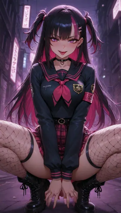 anime girl, rebellious punk style school cute anime girl, sweet face with big sparkling eyes, soft smile, rebellious punk school uniform, oversized black blazer covered in spikes, patches and chains, extremely short ripped plaid skirt with safety pins, torn fishnet stockings, heavy combat boots, messy short black hair with bright pink and purple streaks, lots of ear piercings, septum ring, tongue piercing, dark eyeliner with cute blush, playful yet rebellious expression, urban night background, highly detailed, anime style, masterpiece, 2d, g0th1cxl, glowing, neon, <lora:g0th1cXL:.8>