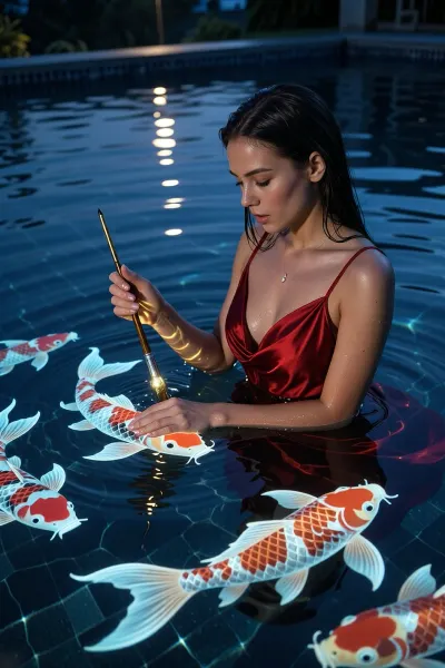A beautiful, graceful woman in a pool at twilight, gently painting shimmering Japanese koi carp in the water with a brush that glows with a golden light, crystal-clear water of a deep indigo color, an elegant crimson silk dress, an ethereal atmosphere, dramatic contour lighting