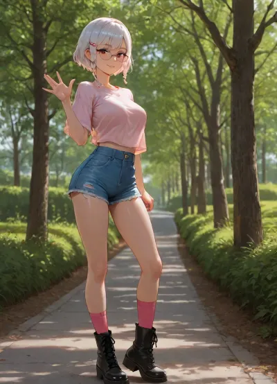 beautiful asian girl, standing, curved body, curved pose, at park, outdoor, white drink in first hand, waving with second hand, waving, front view, transparent-black beautiful glasses, white short hair with braids, Tucked-in French braids haircut, big hair clip, claw-hair-clip, medium breasts, perfect body, skinny legs, skinny, small ass, retro Denim Shorts, very bright Light Wash shorts, ripped shorts, short-length shorts, High-rise shorts, boxy crop-top plain-light-pink t-shirt, light-pink t-shirt, relaxed-fit t-shirt, boxy-crop-top t-shirt, black very-long lace-up boots, pink socks