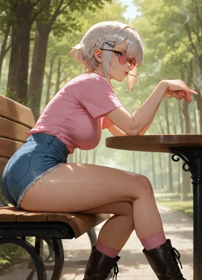 beautiful asian girl, adult, sitting on bench, outdoor, smoking, leaning hands on table, front-view, transparent-black beautiful glasses, white short hair with braids, Tucked-in French braids haircut, big hair clip, claw-hair-clip, medium breasts, perfect body, skinny legs, perfect small ass, retro Denim Shorts, very bright Light Wash shorts, ripped shorts, short-length shorts, High-rise shorts, oversized very-big relaxed-fit long plain-light-pink t-shirt, light-pink t-shirt, extra big t-shirt, black very-long lace-up boots, pink socks