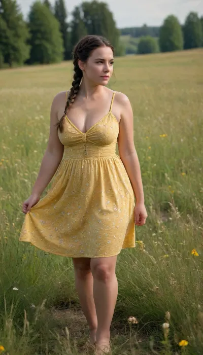 A beautiful young full-figured French braided dark-hair girl with a round butt and big tits in a short yellow summer dress with floral pattern stands in a meadow, the wind lifts her skirt and reveals her naked hairy pussy, front view, full body view