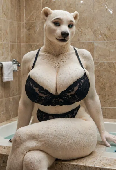 Simple background, masterpiece, high quality, best quality, Beautiful art, 1Girl, anthro female, polar bear woman, anthrofied, ursine, Beautiful face, long snout, bald, blue eyes, white fur, black nose, bathroom, (white body), (female wearing black lingerie clothing, massive cleavage), horny, huge breasts, finger claws, busty figure, makeup, huge thick lips, black lips, (((furry art, anthro woman))), crossed legs, dynamic view, 8k resolution, high definition, ultra high clarity, <lora:add-detail-xl:1.2>, <lora:LCMTurboMix_Euler_A_fix:.8>