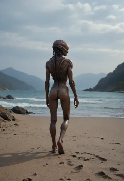 each color is solid and separated from the other by a thin line of a darker shade, bright yellow sand beach with the dunes which contours outlined by dark brown lines in the foreground flows into the soft shapes of the high mountains in the background, their contours outlined by dark grey lines, sky is dark blue, turning into purple in the distance, with red reflections over the mountains, it must be evening, aquamarine of the reservoir complete width of the field of view separates the beach from the mountains on the horizon, lonely small figure of a human in bright silver metal spacesuit with black face shield stands in foreground on the beach, a trail of footprints stretches across the sand from the human to the edge of the image, laconism and graphicity in the drawing of landscape evoke poster in constructivism style and enhance the dramatic effect, is enhanced by the light, which gives almost no shadows, the image is a symbol of loneliness and lostness in space, (Alien on foreground watching him:1.4), artialien, <lora:artialien-000008:2>