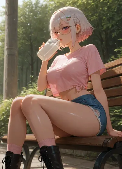 beautiful asian girl, adult, sitting on bench, outdoor, drinking milk-tea, transparent-black beautiful glasses, white short hair with braids, Tucked-in French braids haircut, big hair clip, claw-hair-clip, medium breasts, perfect body, skinny legs, perfect small ass, retro Denim Shorts, very bright Light Wash shorts, ripped shorts, short-length shorts, High-rise shorts, boxy crop-top plain-light-pink t-shirt, light-pink t-shirt, relaxed-fit t-shirt, boxy-crop-top t-shirt, black very-long lace-up boots, pink socks