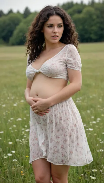 A beautiful young pregnant dark-curly-hair woman with a round butt and big tits in a short white summer dress with floral pattern stands in a meadow, the wind lifts her skirt and reveals her naked hairy pussy, front view, full body view