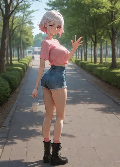 beautiful asian girl, standing, at park, outdoor, white drink in first hand, waving with second hand, waving, transparent-black beautiful glasses, white short hair with braids, Tucked-in French braids haircut, big hair clip, claw-hair-clip, medium breasts, perfect body, skinny legs, skinny, small ass, retro Denim Shorts, very bright Light Wash shorts, ripped shorts, short-length shorts, High-rise shorts, boxy crop-top plain-light-pink t-shirt, light-pink t-shirt, relaxed-fit t-shirt, boxy-crop-top t-shirt, black very-long lace-up boots, pink socks