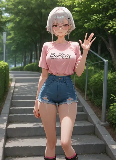 beautiful asian girl, standing, at park, outdoor, white drink in first hand, waving with second hand, waving, front view, transparent-black beautiful glasses, white short hair with braids, Tucked-in French braids haircut, big hair clip, claw-hair-clip, medium breasts, perfect body, skinny legs, skinny, small ass, retro Denim Shorts, very bright Light Wash shorts, ripped shorts, short-length shorts, High-rise shorts, boxy crop-top plain-light-pink t-shirt, light-pink t-shirt, relaxed-fit t-shirt, boxy-crop-top t-shirt, black very-long lace-up boots, pink socks
