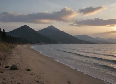 each color is solid and separated from the other by a thin line of a darker shade, bright yellow sand beach with the dunes which contours outlined by dark brown lines in the foreground flows into the soft shapes of the high mountains in the background, their contours outlined by dark grey lines, sky is dark blue, turning into purple in the distance, with red reflections over the mountains, it must be evening, aquamarine of the reservoir complete width of the field of view separates the beach from the mountains on the horizon, laconism and graphicity in the drawing of landscape evoke poster in constructivism style and enhance the dramatic effect, is enhanced by the light, which gives almost no shadows