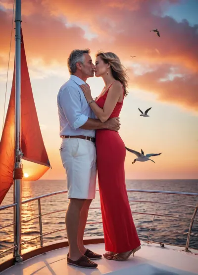 A mature couple stands on a yacht on the open sea, embracing and kissing, blue sky, seagulls, red sunset