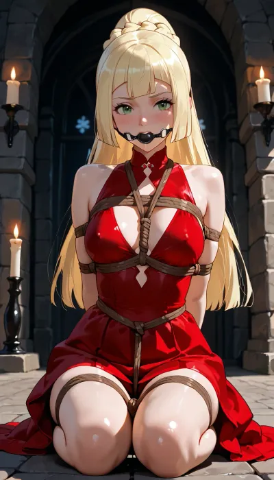 (masterpiece, best quality, highres, photorealistic anime style), Lillie from Pokemon, long blonde hair with pink tips, green eyes, slender build, sitting on a stone floor in a castle, wearing a red dress that is heavily bound with thick ropes, black ballgag, hands tied behind her back, ropes wrapped around her torso and legs, soft candlelight, medieval atmosphere, explicit, nsfw.