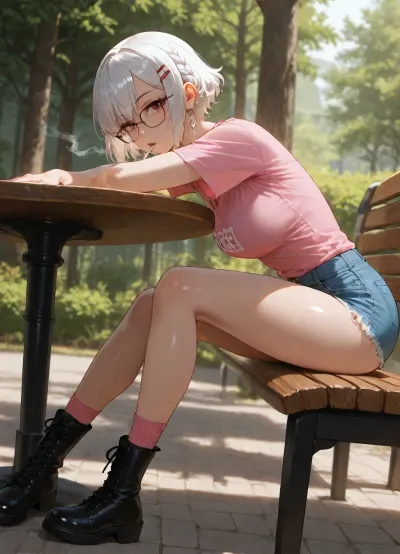 beautiful asian girl, adult, sitting on bench, outdoor, smoking, leaning hands on table, front-view, transparent-black beautiful glasses, white short hair with braids, Tucked-in French braids haircut, big hair clip, claw-hair-clip, medium breasts, perfect body, skinny legs, perfect small ass, retro Denim Shorts, very bright Light Wash shorts, ripped shorts, short-length shorts, High-rise shorts, oversized very-big relaxed-fit long plain-light-pink t-shirt, light-pink t-shirt, extra big t-shirt, black very-long lace-up boots, pink socks